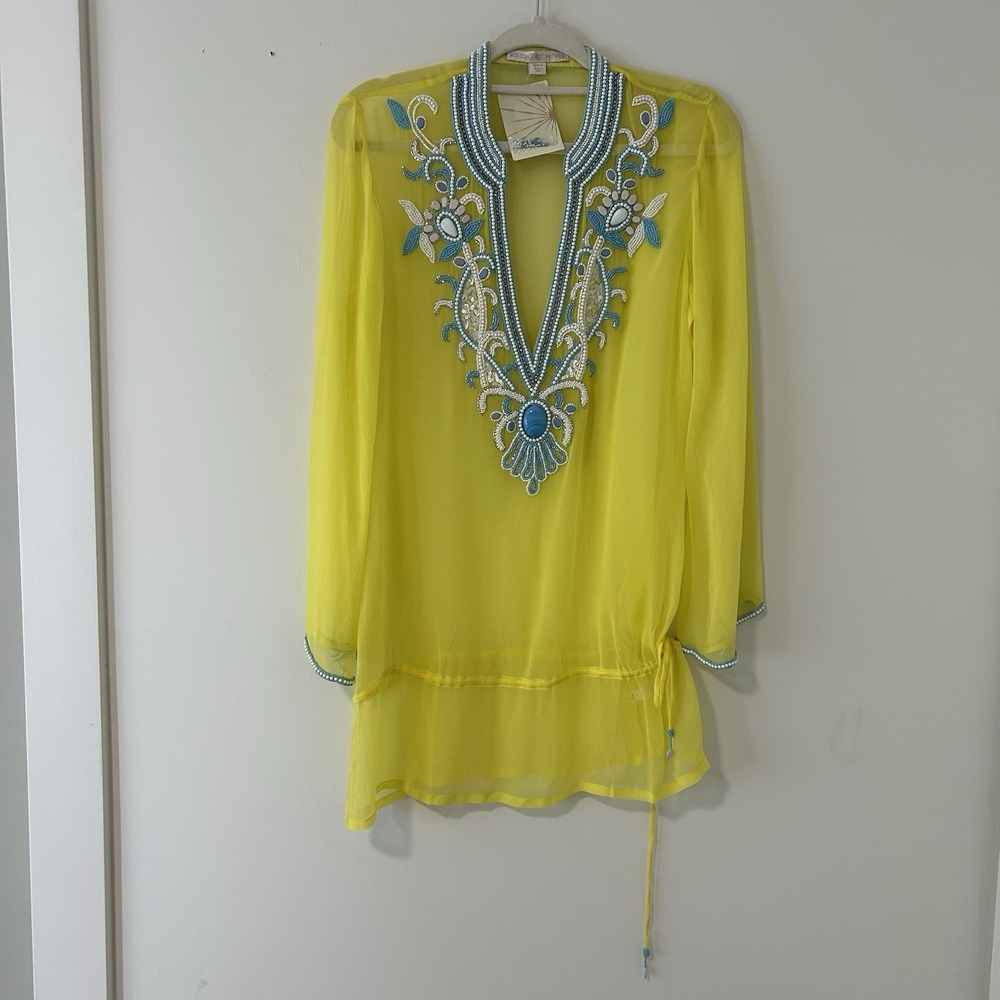 BOSTON PROPER Womens Small Beaded Bohemian Resort Tunic Top Sheer Cover Up